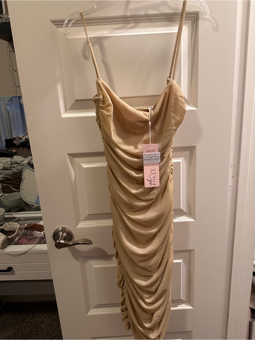 Oh Polly Shimmer Ruched Slip Dress in Gold